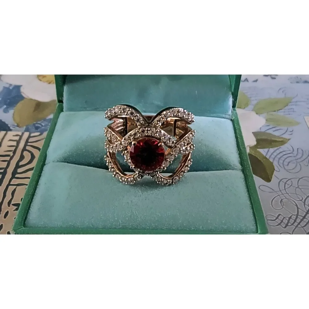 Vintage Signed SJ 925 Ruby & Simulated Diamond Rose Gold Statement Ring Sz 8